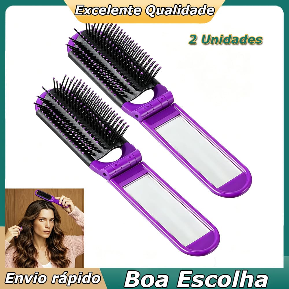 2 Escova de cabelo dobrável de maquiagem para viagem espelho pequeno espelho dobrável Mini espelho de beleza 11X4cm Roxo