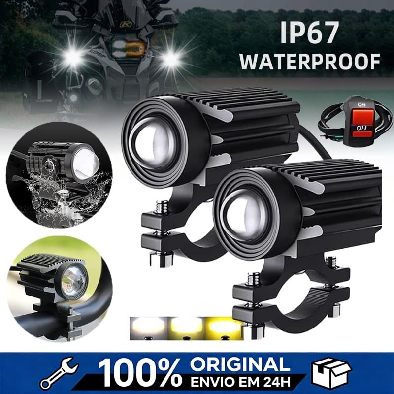 1 Par Farol Milha Moto Led Auxiliar 90W 10000LM Neblina Lampada Farol Alta qualidade Olho de Lente Auxiliar De Cor Dupla