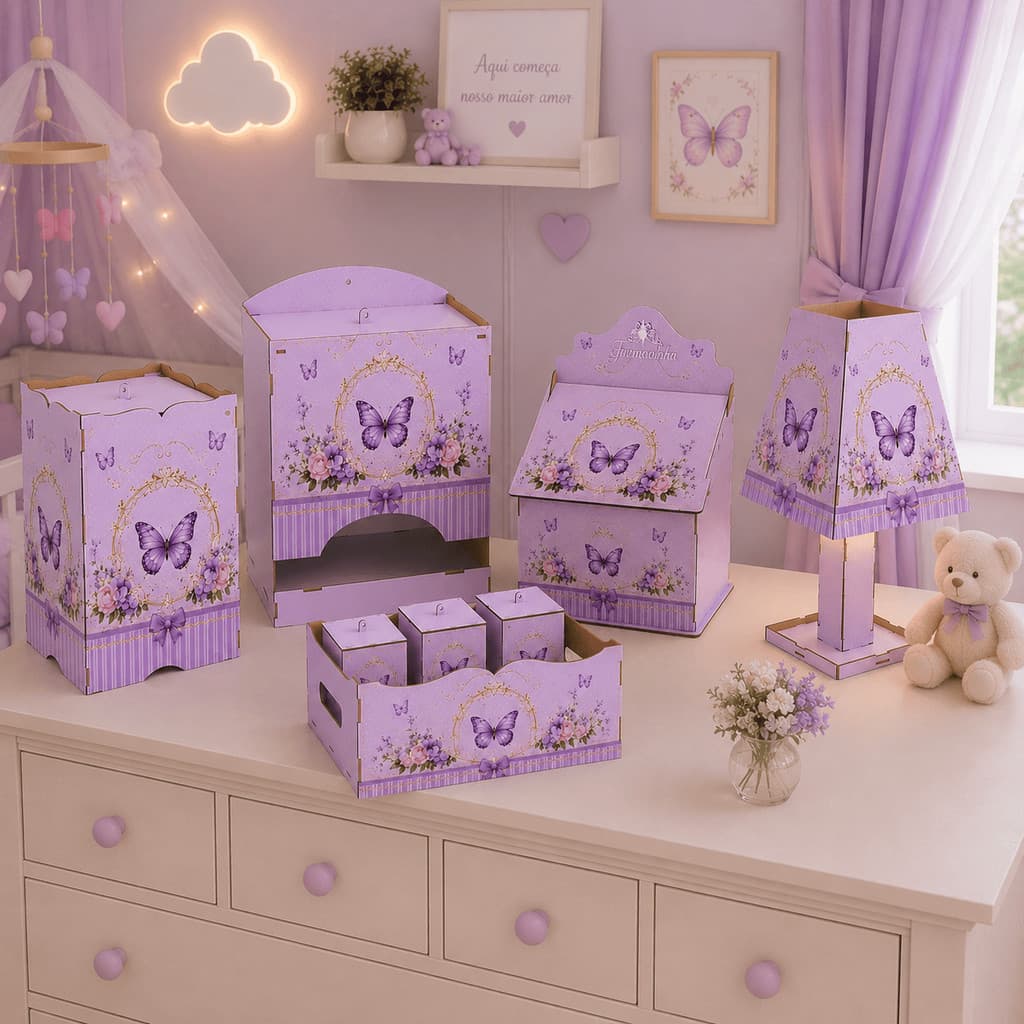 Kit Higiene Bebê 8 Peças Borboleta Lilás MDF Decorado Completo Quarto Menina