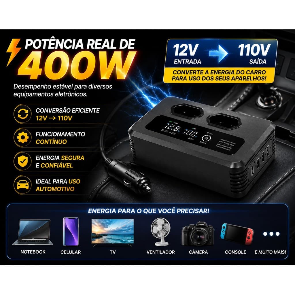Conversor De Energia Carro 400W 12V Para 110V Tomada  Com 2 AC 2 USB-A 2 USB-C Display Inteligente