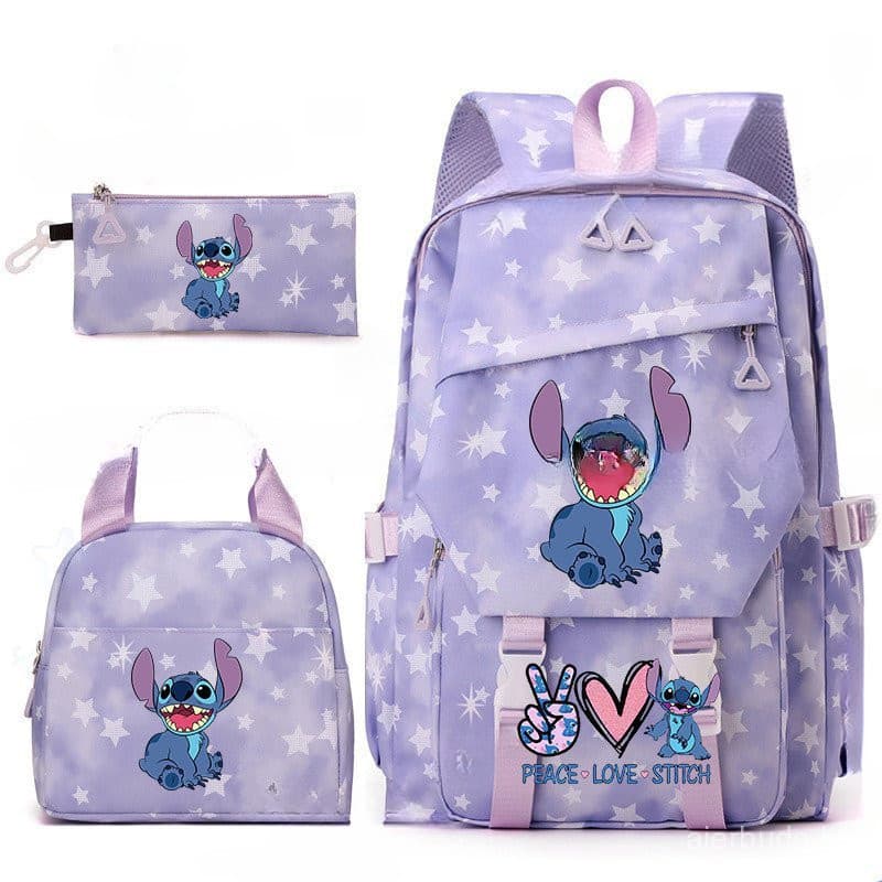 Conjunto de mochila escolar Stitch de três peças com ângulo amplo, lancheira para estudante, estojo, estilo anime HZQ5