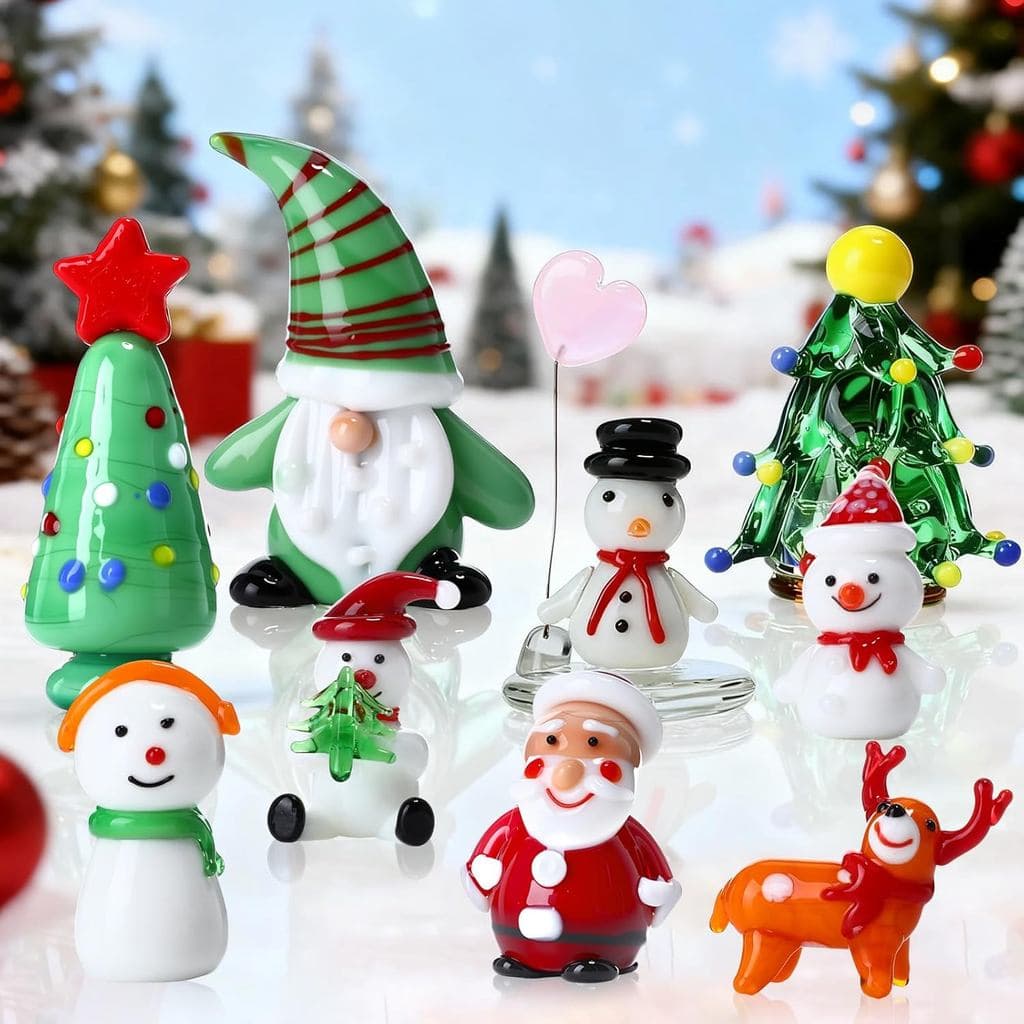 Conjunto de 9 Peças de Mini Figuras de Natal em Vidro Soprado Inclui Boneco de Neve, Gnomos, Rena, Papai Noel, Ornamento