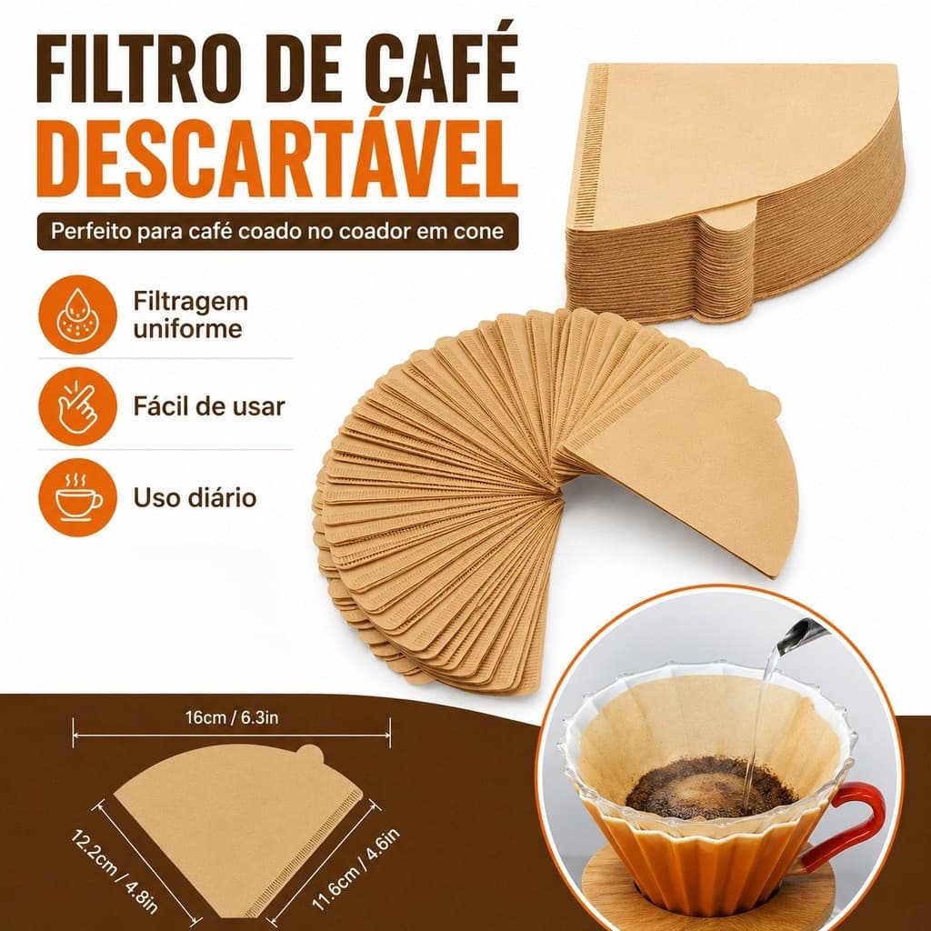 Filtro de Papel para Café V60 Natural Marrom Kit 50 ou 100 Unidades Coador de Café Descartável Papel Cru