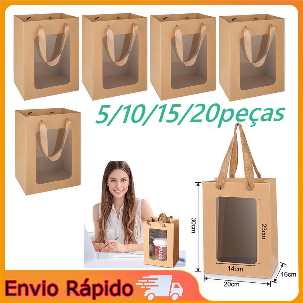 Sacola de janela transparente de papel Kraft 30x20x16cm Pacote de 5 unidades