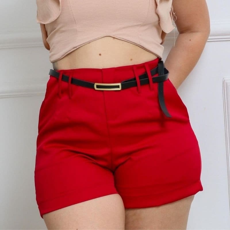 Short Feminino Alfaiataria Com Cinto Fino Da Moda Social Cintura Alta Com Zíper Na Lateral Na Promoção