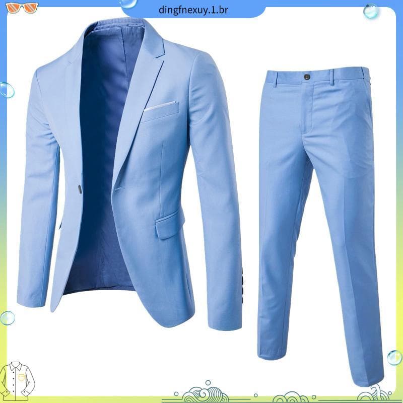 [LHO] 1 Conjunto Homens Calças Blazer Pants Cor Sólida Manga Longa Slim Fit Colarinho De Gola Temperamento Um Botão Bol