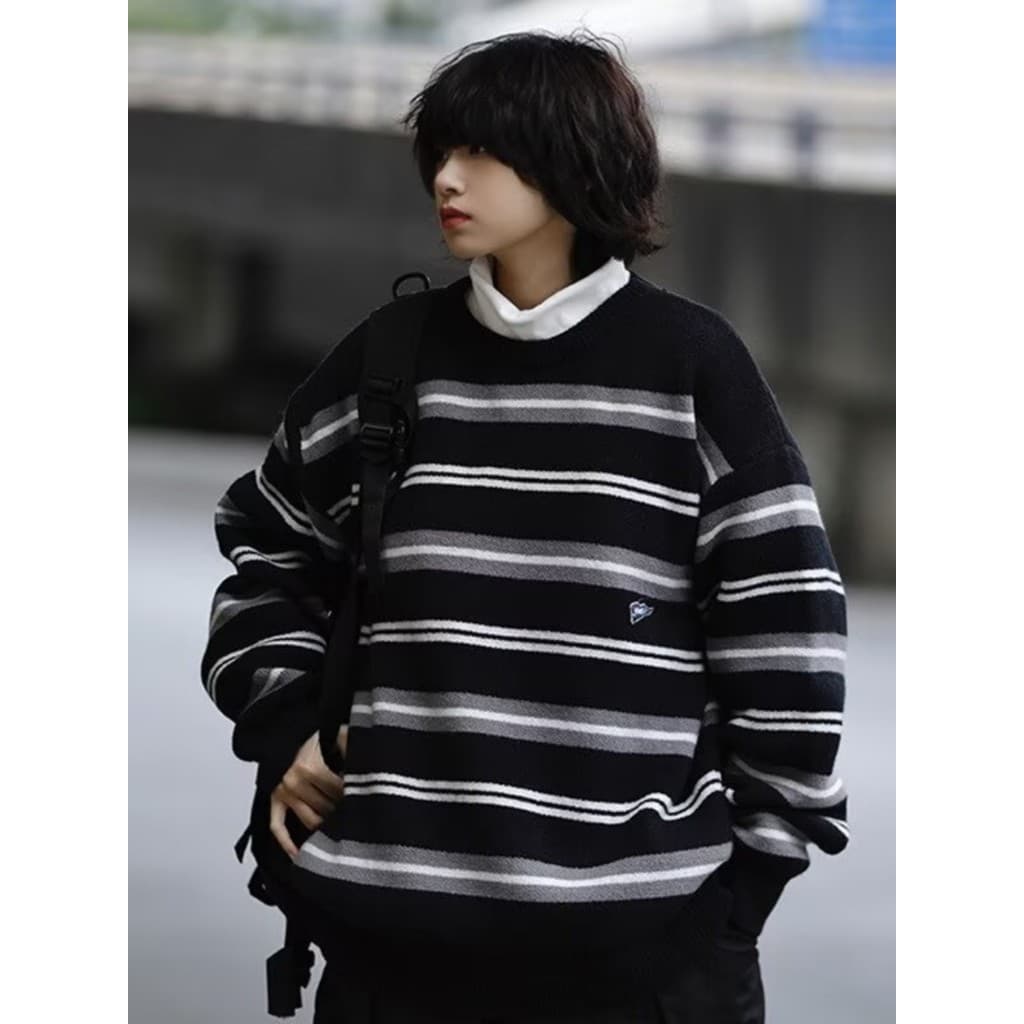 Outono inverno japonês Retro listras contraste cor de manga comprida malhas masculino feminino pulôver em torno do pesco