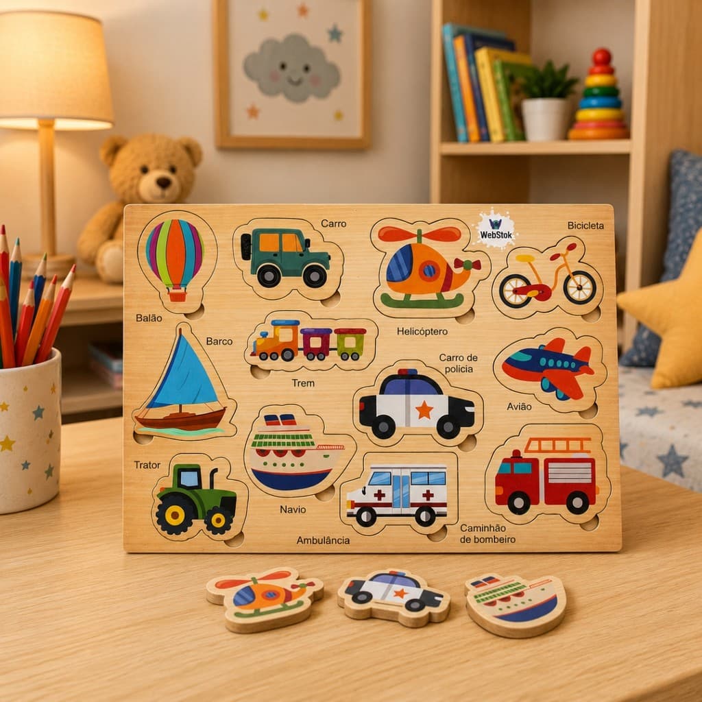 Quebra Cabeça Infantil Veículos Madeira Brinquedo Educativo Pedagógico Autismo Montessori