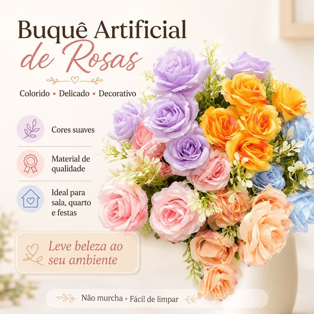 Buquê de Rosas Artificiais 29cm 7 Ramos 7 Flores para decorações de mesa, banheiro....../H0008