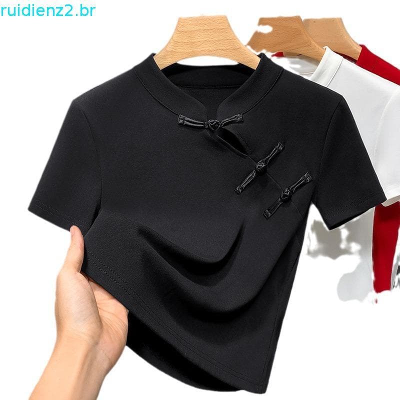 Novo estilo chinês abotoado cseta feminina 2026 novo estilo gola alta de manga curta cseta verão temperamento usar