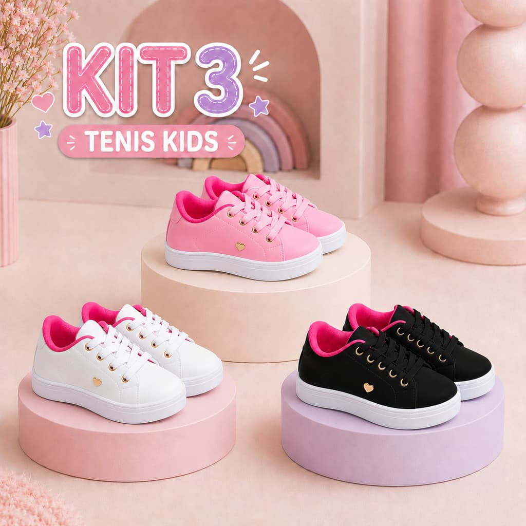 Kit 3 Pares Tênis Infantil Menina Confortável Casual Leve e Macio Para Escola e Passeio - Várias Cores Promoção