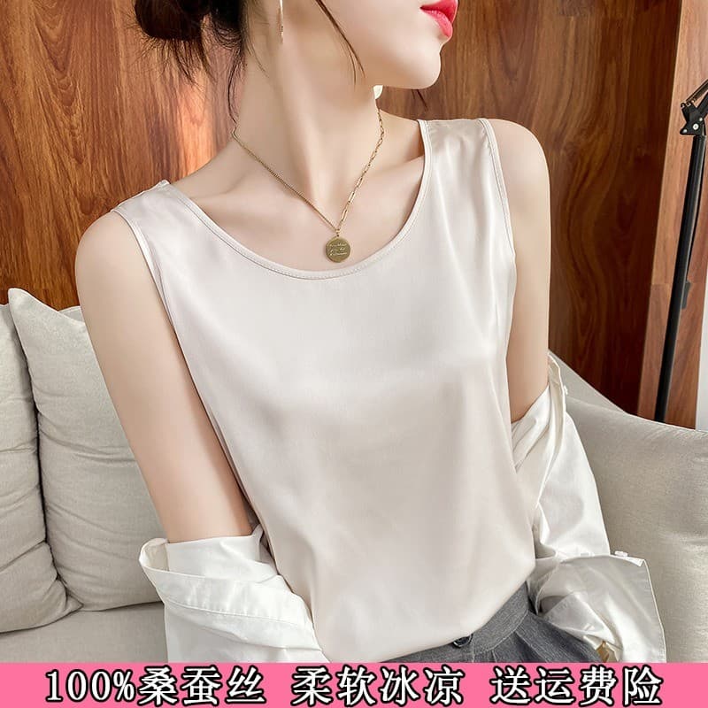 100% camisa de fundo de seda amoreira colete estilingue terno feminino em torno do pescoço feiyud branco verão tamanho g