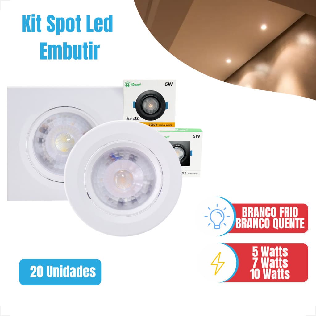 Kit 10/20 Luminária Led Spot 5w 7w 10w Quadrado Redondo - Embutir Branco Frio Neutro Quente