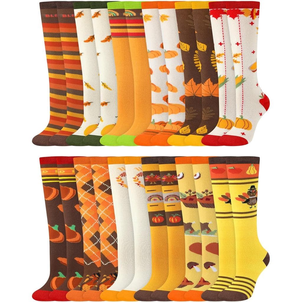 Patelai 12 Pares de Meias Altas para Crianças no Dia de Ação de Graças, Meias Divertidas de Outono com Abóbora e Peru pa