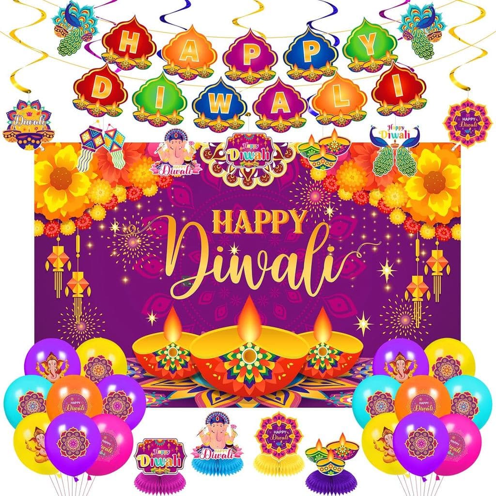 Decorações de Diwali Feliz, Faixa de Feliz Diwali, Espirais Suspensas, Centros de Mesa em Forma de Favo de Mel, Balões d