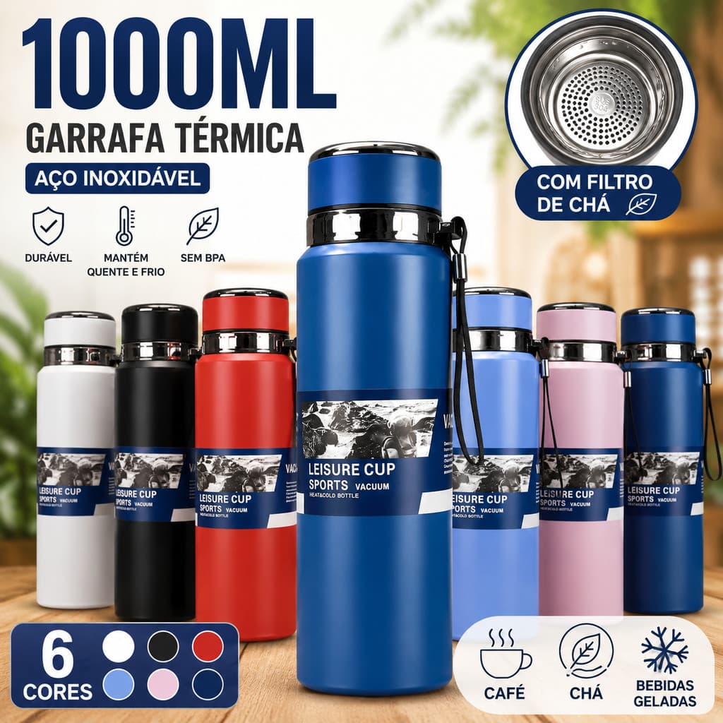 Garrafa Térmica Inox 1000ml Água Café Quente Frio Academia Trabalho Viagem