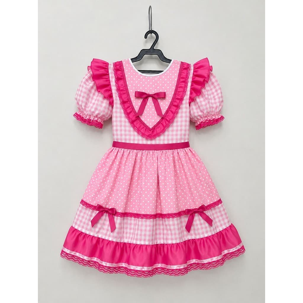 Vestido Junino Infantil Azul Rosa Xadrez com Corações e Renda