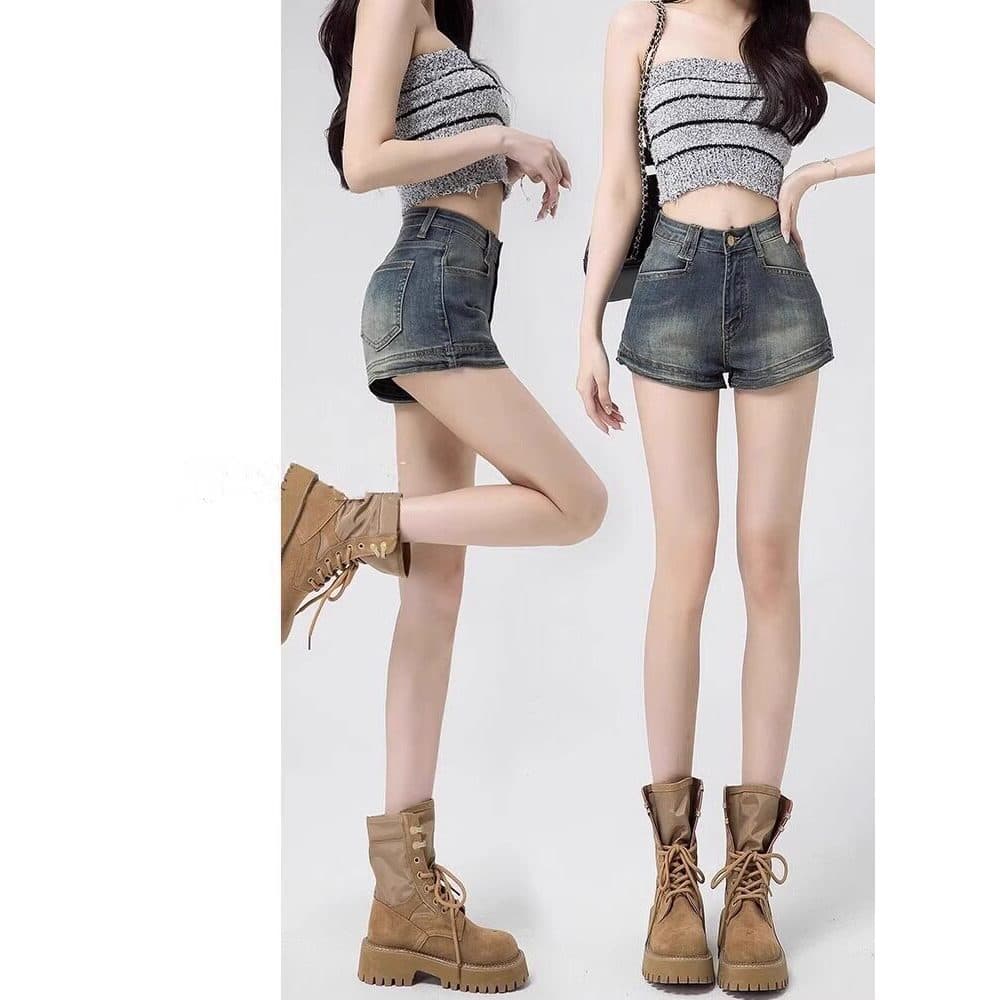 Americano Retro Denim Shorts feminino verão estilo fino exterior usar cintura alta magro estiramento a linha Ultra curto