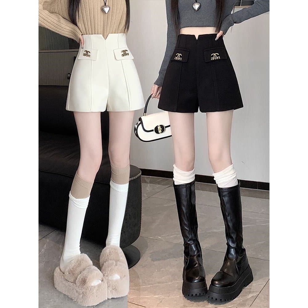 Shorts de lã feminino 2024 novo estilo outono inverno cintura alta pequena moda terno exterior usar a linha perna larga