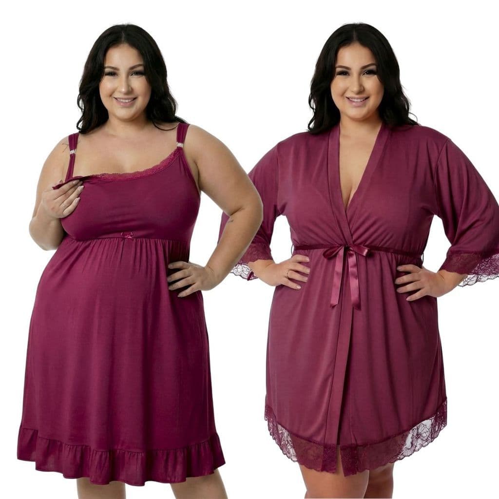 KIT Camisola de Amamentação Plus Size com Robe Roupão Maternidade Gestante Pós Parto Abre Fácil