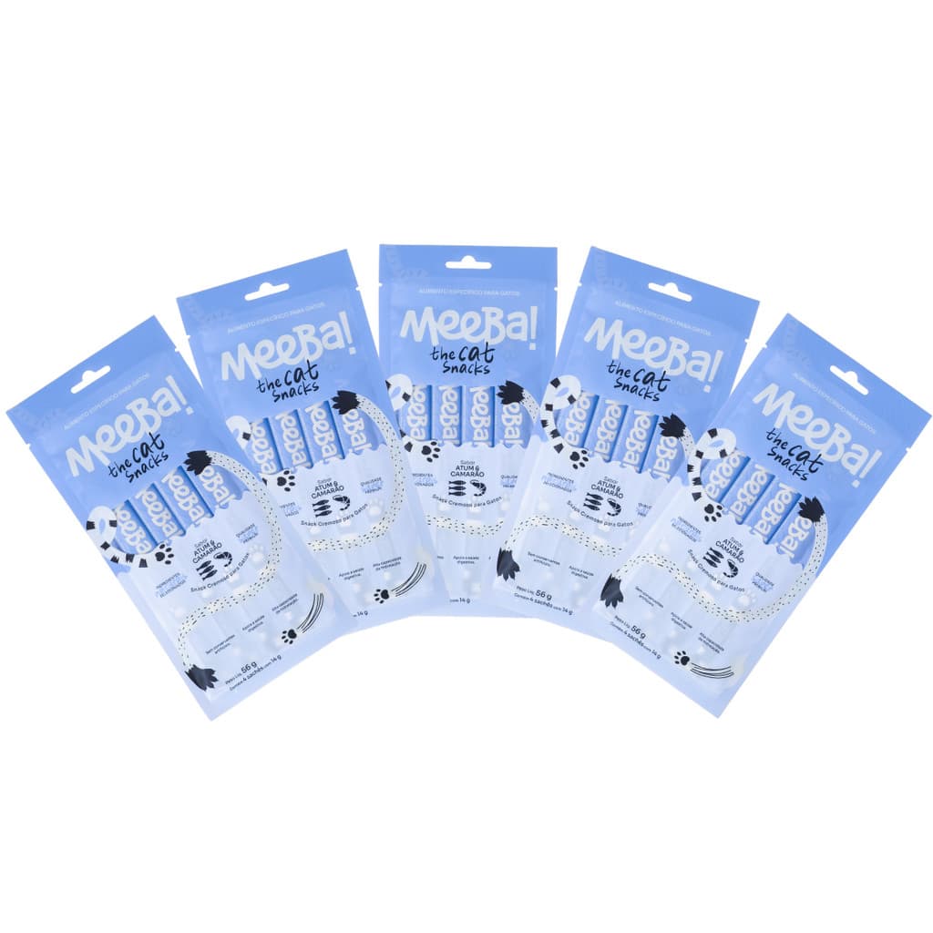 Kit 5 Petisco Úmido para Gatos Snack Natural Hidratação Atum E Camarão 20 Sachê 14g Meeba
