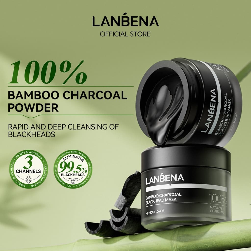 Máscara removedora de cravos com carvão de bambu LANBENA, limpeza profunda, remove cravos, acne, fecha os poros 30g+60pc