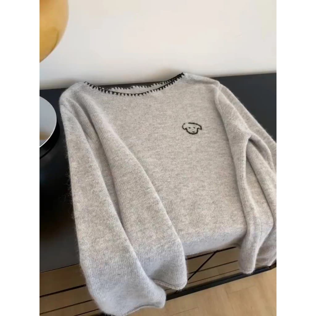 Plus Size roupas femininas [40-100kg] em torno do pescoço filhote de cachorro bordado malha topo feminino outono inverno
