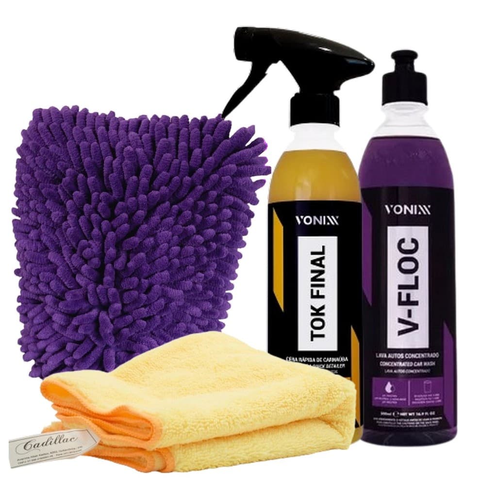Kit Vonixx Tok Final + V-Floc + Pano Microfibra Cadillac + Luva Lava Auto Brilho Estética Automotiva