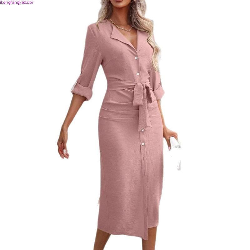2026 senhoras novo estilo Cross-Border cor sólida lapela cintura estreita estilo elegante Commuter Split vestido feminin