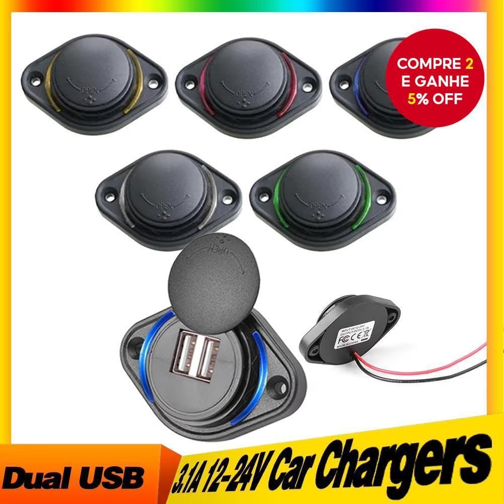 Adaptador de Carregador Dual Usb 12-24v 3.1a para Montagem em Painel, Ideal para Motos, Carros, Barcos, Atv, Utv e