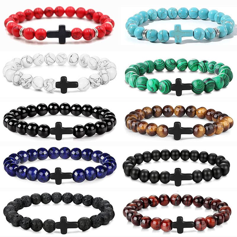 Pulseira de ágata Natural pulseira masculina feminina olho de tigre pedra frisada Retro turquesa esportes cruz pulseira