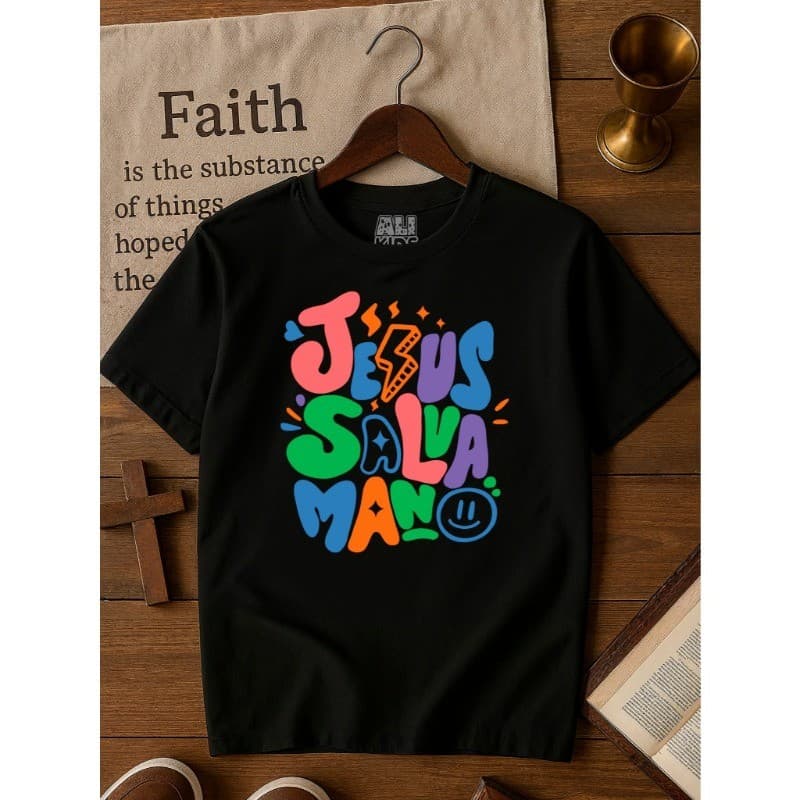 Camiseta 100% Algodão Gospel Juvenil e Infantil Menino Menina 2 ao 16 anos Jesus Salva Mano Malha Penteada