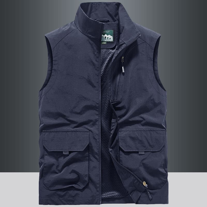 Colete de verão masculino respirável fino Casual gola alta colete Multi-bolso fotografia colete de pesca jaqueta