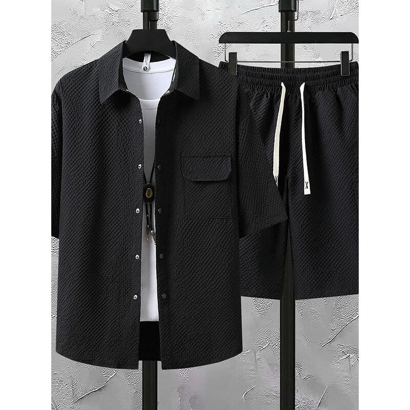 2026 terno masculino de verão, camisa legal de seda gelada, Shorts, um conjunto com roupas bonitas, esportes casuais, te