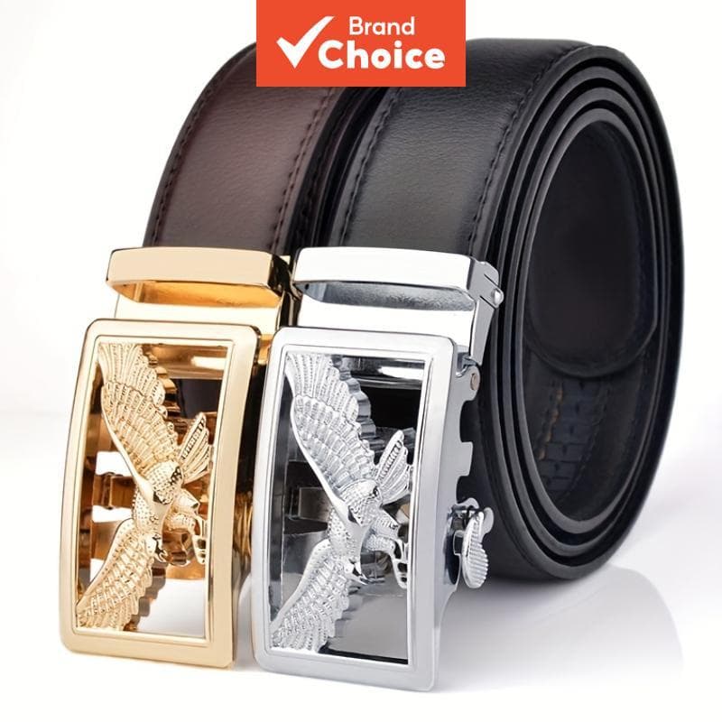 Cinto De Couro Masculino Fivela Automática Negócios Casual Águia Padrão Dourado Prata