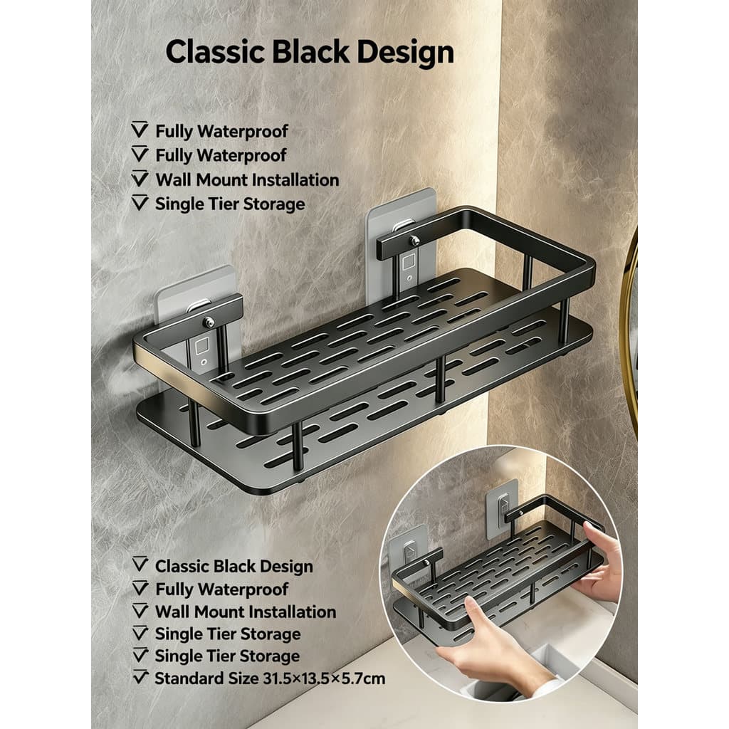 Black wall-mounted bathroom storage rack, single-layer storage and storage rack, anti-slip design