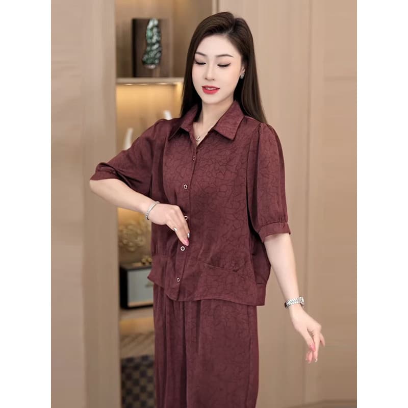 Senhoras camisa de verão terno na moda solto moda mãe vestido de verão redução de idade Casual Retro calças retas terno