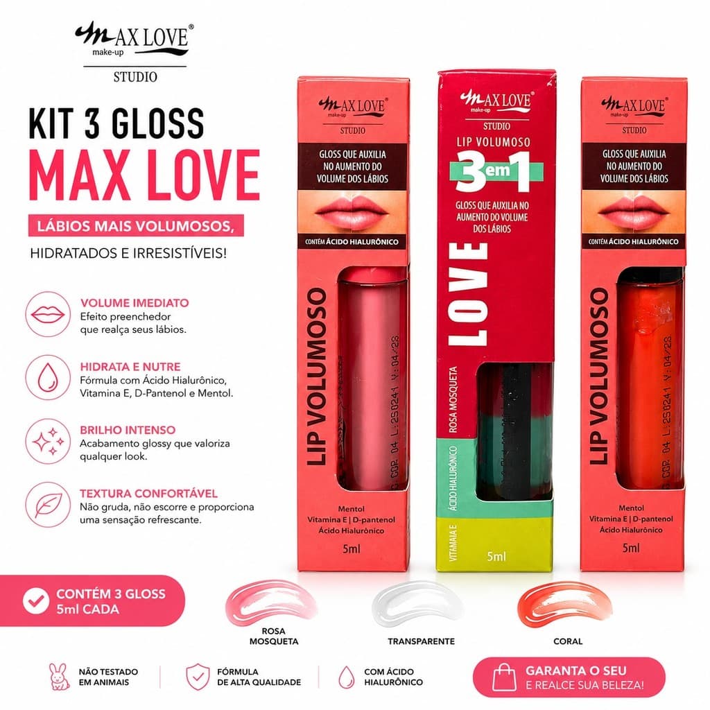 Kit 3 Batom Gloss Lip Volumoso Max Love Efeito Volume Brilho Intenso Hidratante Labial