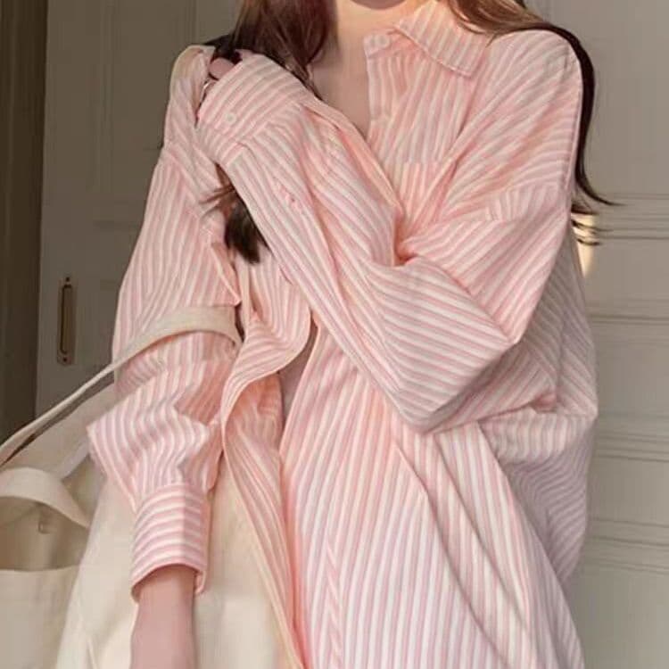 Camisa listrada jaqueta feminina ins atmosfera rosa solta camisa de manga comprida outono verão protetor solar fino Card