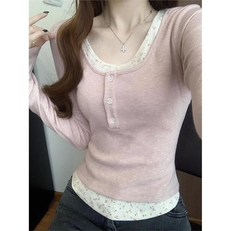 Estilo coreano fino-ajuste falso de duas peças Floral falso camisa de fundo de duas peças primavera outono interior de m
