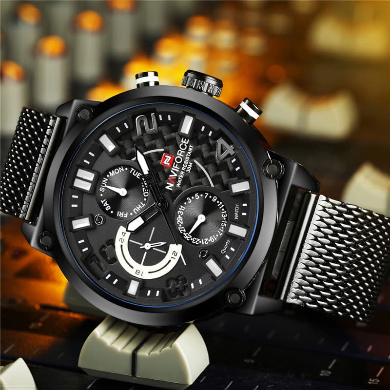 Naviforce Street Wear relógio multifuncional americano, relógio exclusivo de seis mãos, masculino, comandante de aço, re