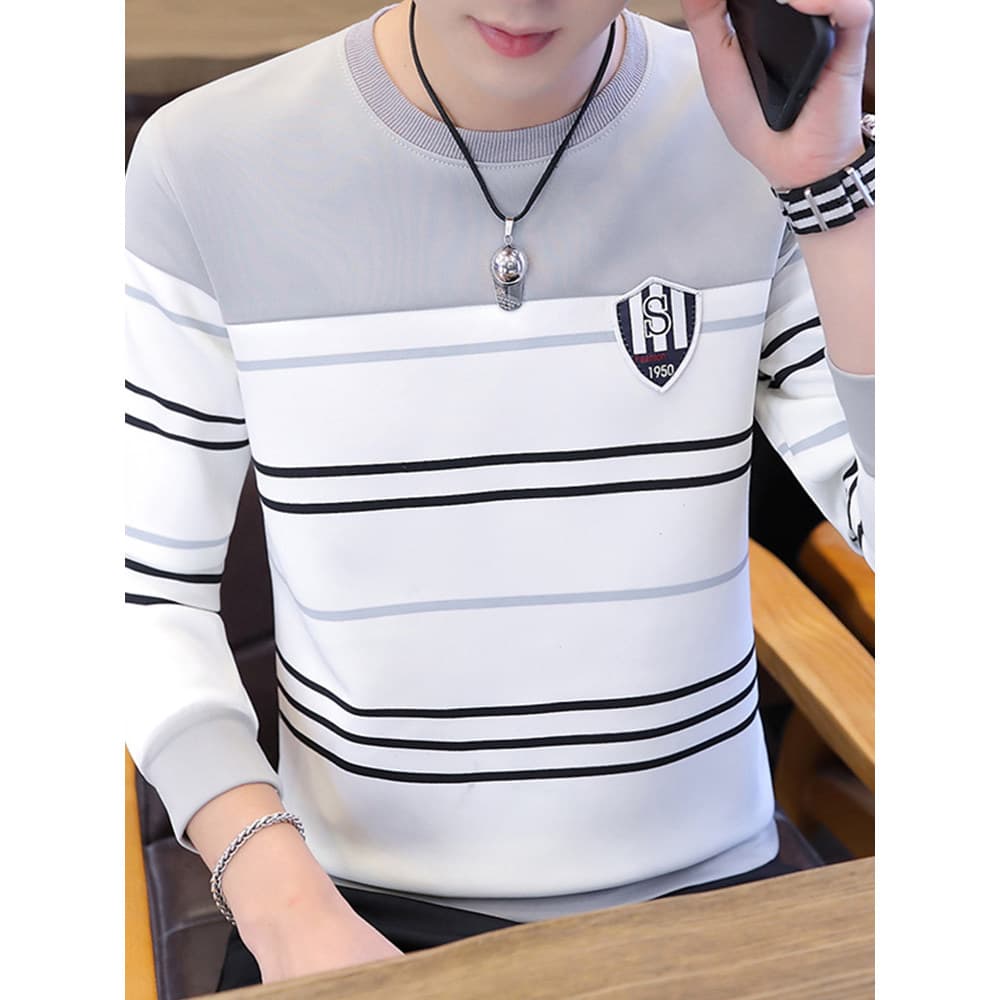 Moda listrada de manga comprida camiseta masculina outono novo estilo All-Match Casual camiseta moda rua Wear contraste