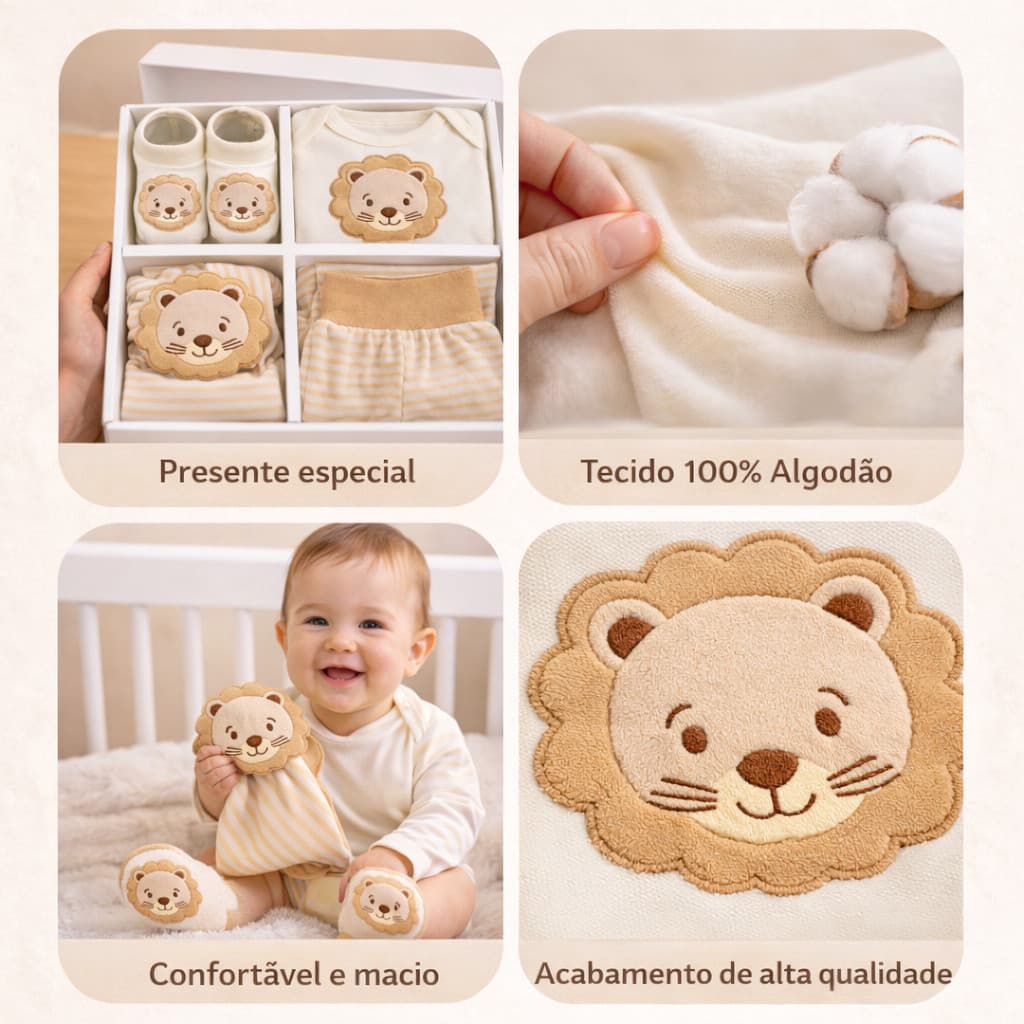 Presente Bebê Recém Nascido 4 Peças Body Longo Calça Mijão Sapatinho Meia Pantufa 3D Naninha Enxoval