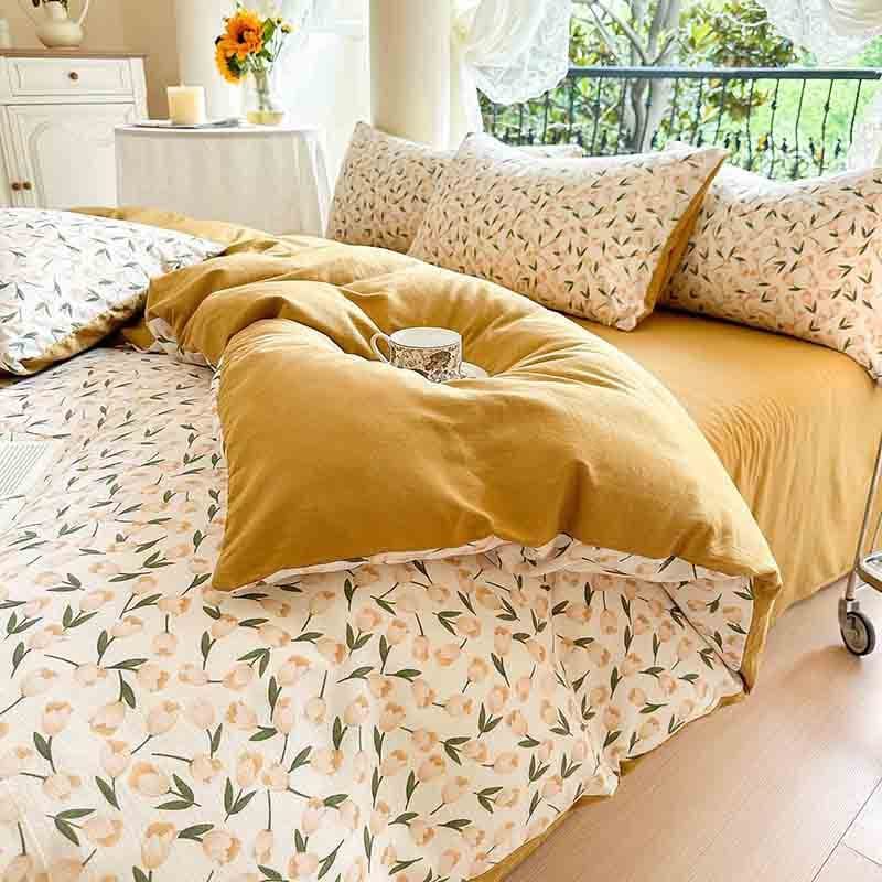 Estilo Retro pequena cama Floral conjunto de quatro peças lavado colcha capa folha dormitório conjunto de três peças gro