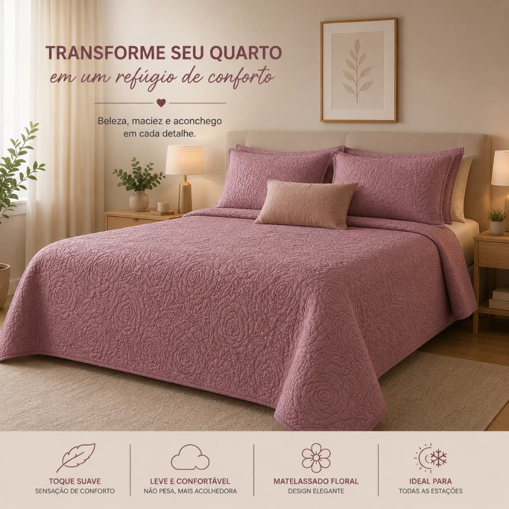 Colcha Flora Habitat 3 Peças Casal Queen King Super King Cobre Leito Matelassado Floral Decorativo