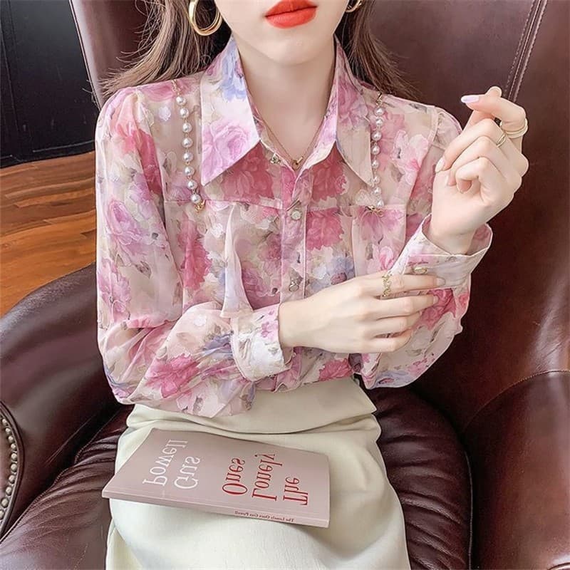 Novo estilo babados Floral Chiffon camisa feminina primavera outono Design de manga comprida nicho pérola corrente camis