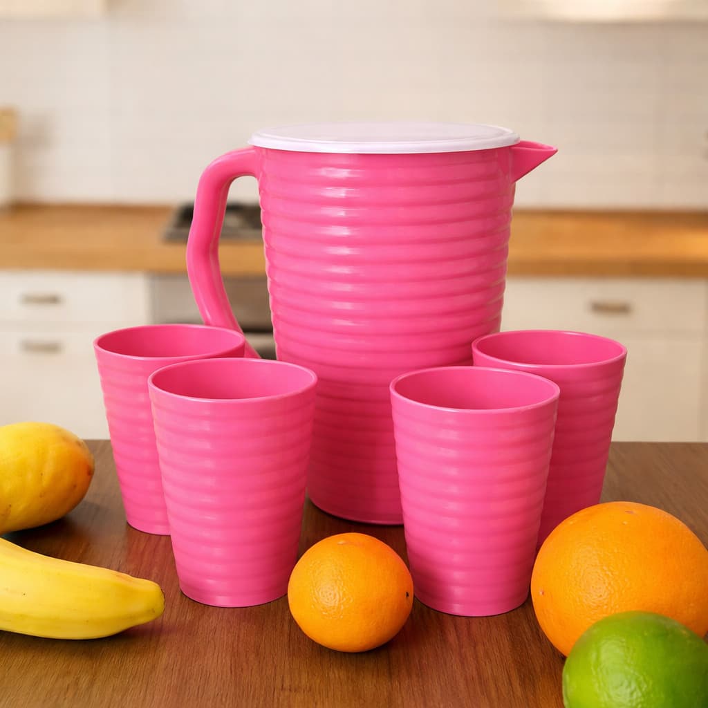 Conjunto de Jarra com Copos – Kit Jarra de Suco Água 5 Peças | Jarra Grande + Copos Resistentes | Ideal para Mesa Posta