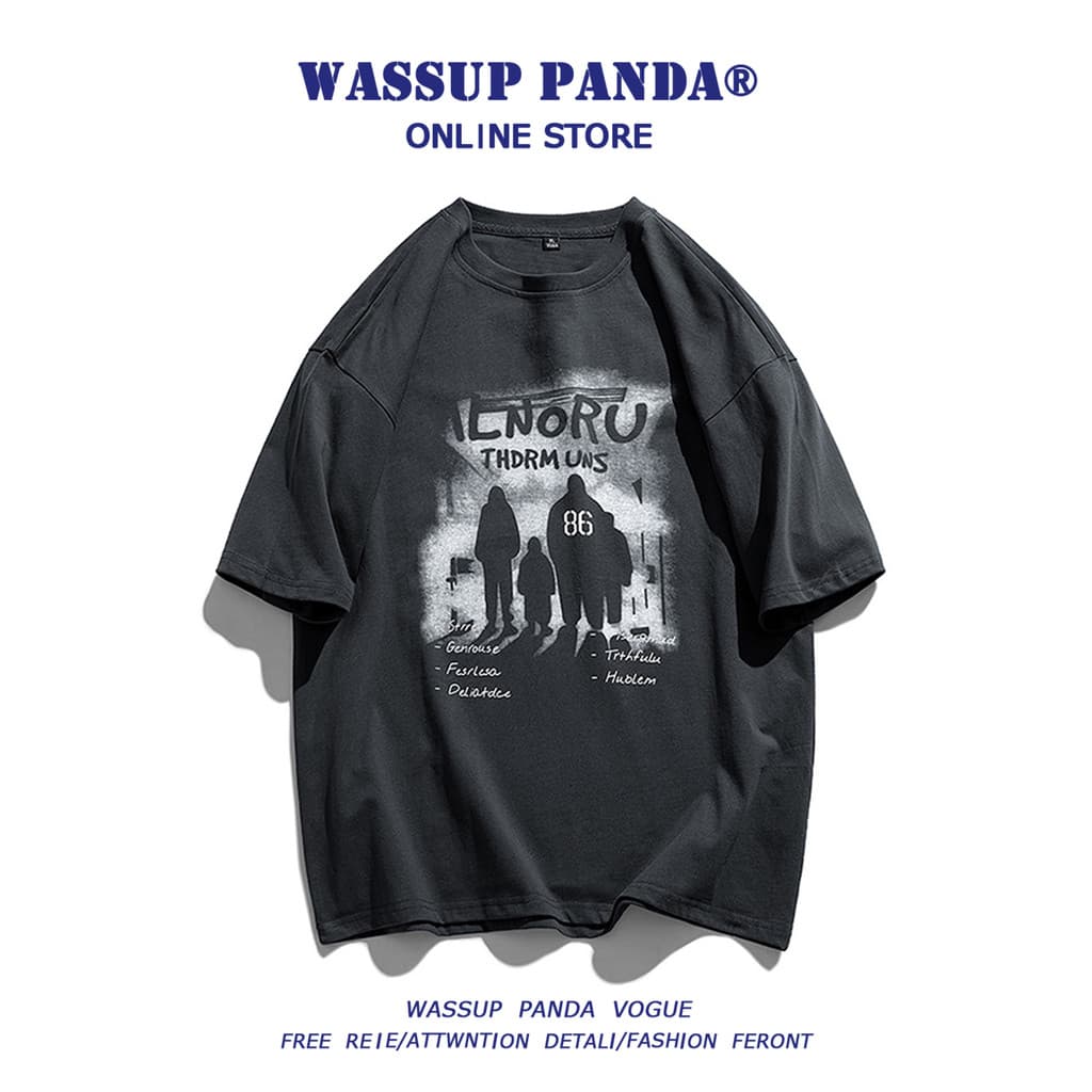 WASSUP PANDA American Ice Silk Cool Feeling Camiseta de manga curta masculina verão Street Wear solto em torno do pescoç