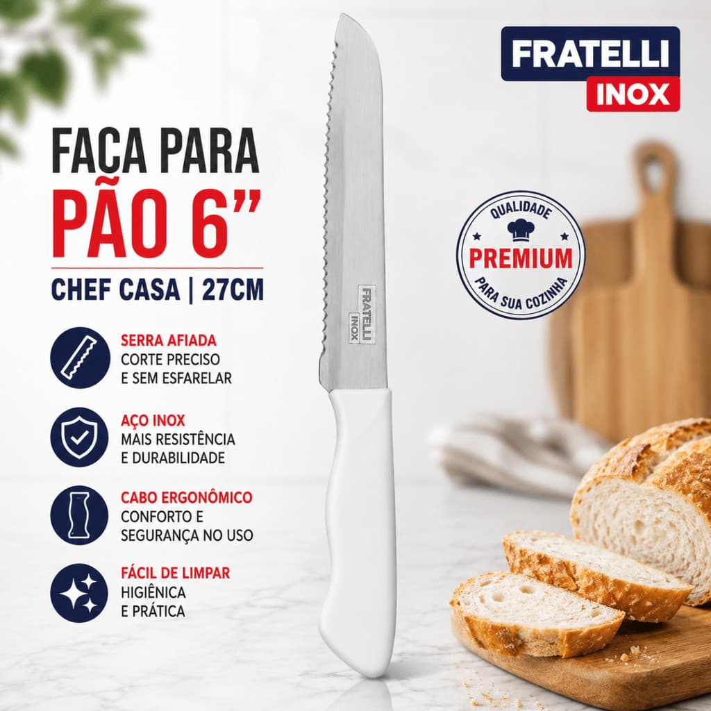 Faca Para Pão 6” Chef Casa 27cm - Fratelli Inox / Serrilhada Cozinha Corte Pães Bolos Padaria