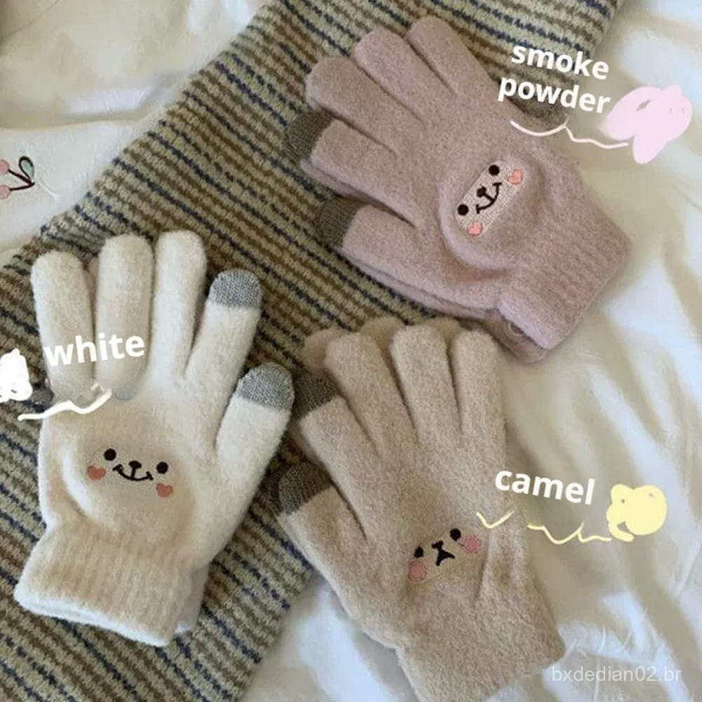 Kawaii Luvas Femininas Bonito Dos Desenhos Animados Bordado Urso De Inverno Outono Feminino Malha Macia T4o0